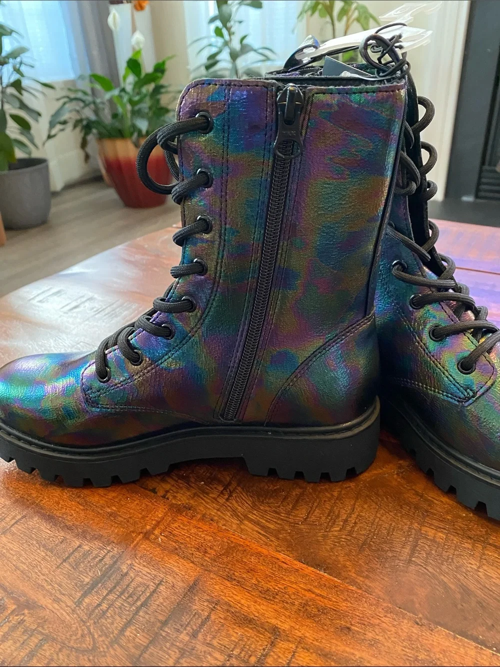 Art Class Iridescent Rainbow Combat Boots with Stud Accents